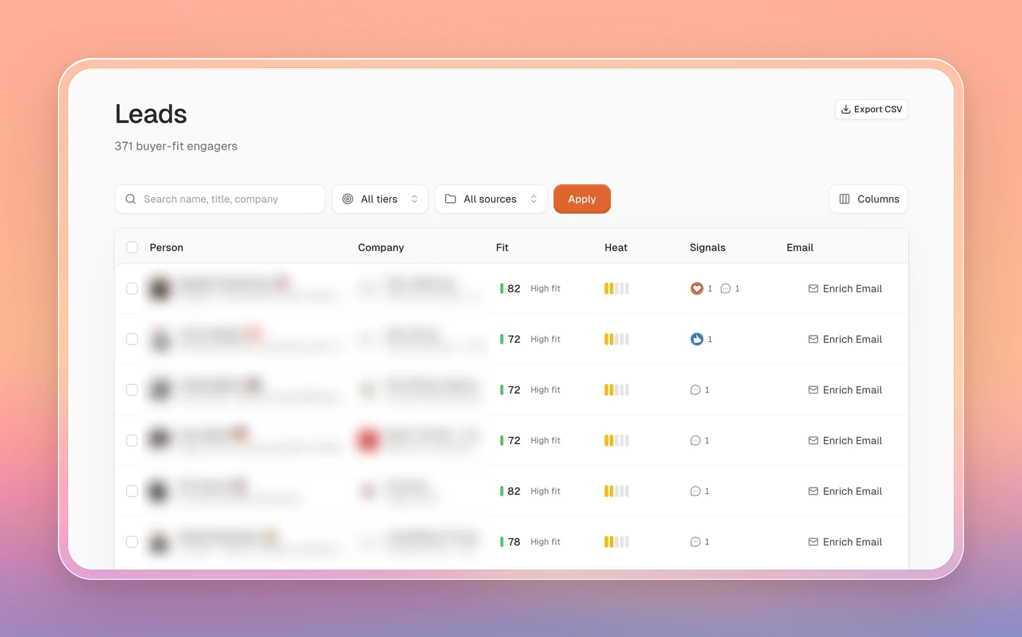 Parasite Leads page listing buyer-fit engagers with fit score, heat, signals and an Enrich Email button